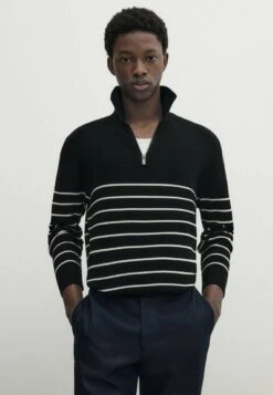Massimo Dutti Striped Mock Neck With Zip- Jumper - Dark Blue
