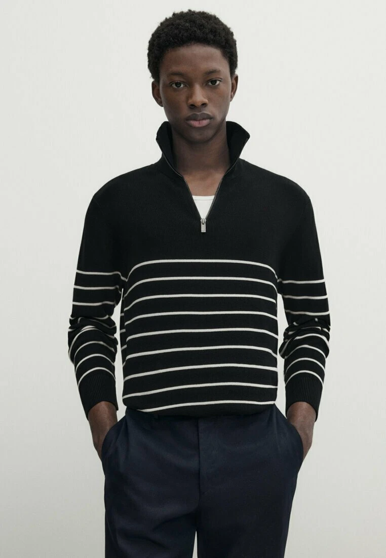 Massimo Dutti Striped Mock Neck With Zip- Jumper - Dark Blue 3 Massimo Dutti Striped Mock Neck With Zip- Jumper - Dark Blue