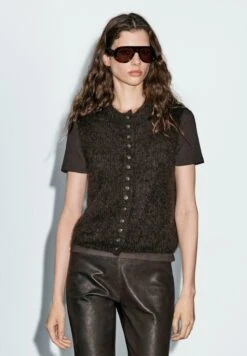 Massimo Dutti SLEEVELESS CREW NECK WITH BUTTONS - Waistcoat - Mottled Dark Brown