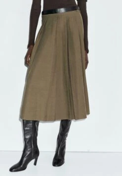 Massimo Dutti MIDI WITH WAIST DETAIL - Pleated Skirt - Light Brown