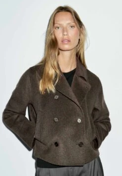 Massimo Dutti SHORT DOUBLE-BREASTED - Short Coat - Mottled Dark Brown