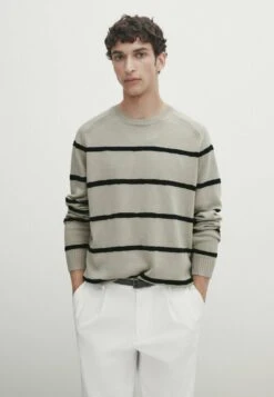 Massimo Dutti Colour Block Crew Neck- Jumper - Beige