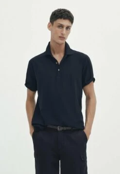 Massimo Dutti Short Sleeve Diagonal Micro - Polo Shirt - Blue Denim