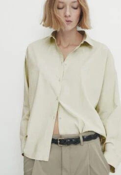 Massimo Dutti Chambray With Batwing Sleeves - Button-Down Blouse - Light Green