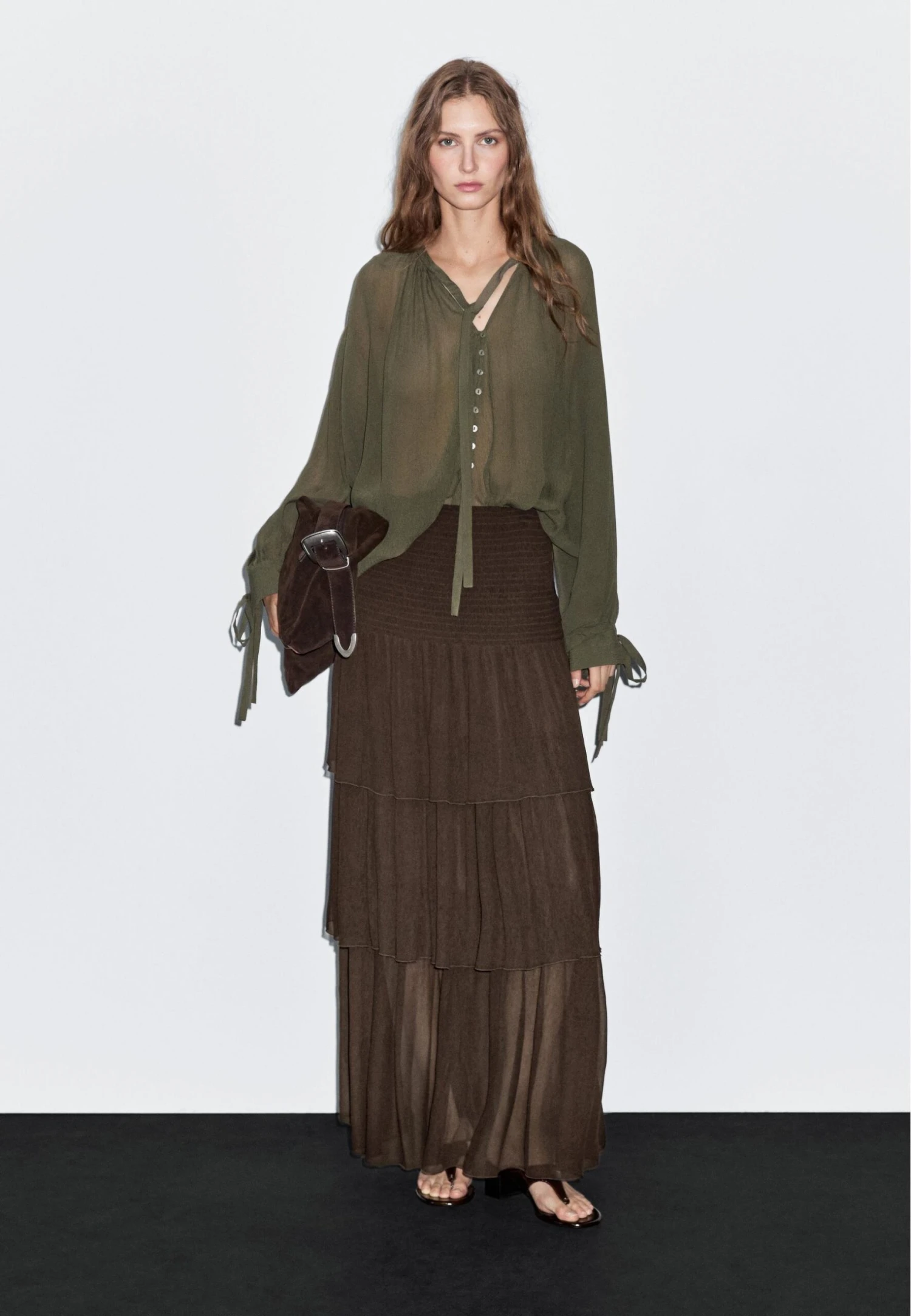 Massimo Dutti LONG RUFFLED - A-line Skirt - Mottled Dark Brown 4 Massimo Dutti LONG RUFFLED - A-line Skirt - Mottled Dark Brown - Image 2