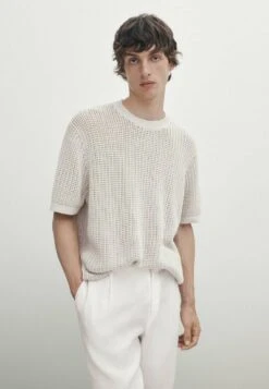 Massimo Dutti Crochet With Short Sleeves- Basic T-Shirt - Beige