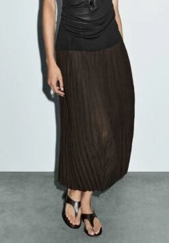 Massimo Dutti PLEATED MIDI - A-line Skirt - Dark Brown