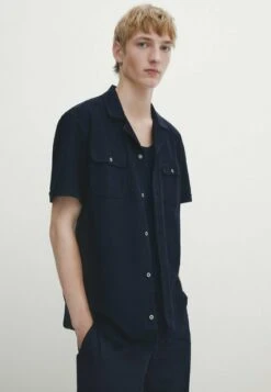 Massimo Dutti Micro- Short Sleeve With Pockets- Shirt - Dark Blue