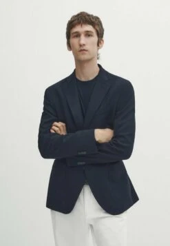 Massimo Dutti Textured Blend - Blazer Jacket - Dark Blue