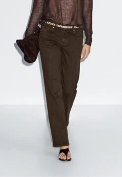 Massimo Dutti MID-WAIST TAPERED FIT - Straight Leg Jeans - Mottled Dark Brown