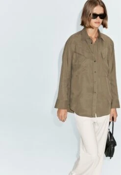 Massimo Dutti LONG WITH POCKET DETAILS - Button-down Blouse - Khaki