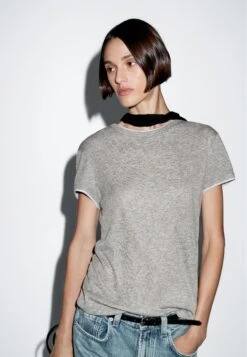 Massimo Dutti SHORT SLEEVE WITH DOUBLE TRIM - Basic T-shirt - Grey