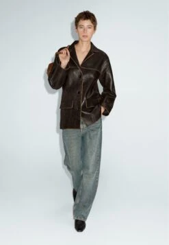 Massimo Dutti Leather Jacket - Dark Brown