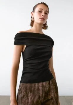 Massimo Dutti DRAPED STRAPLESS NECKLINE - Top - Black