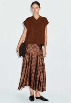 Massimo Dutti CHEQUERED PRINT MIDI - Maxi Skirt - Gold-coloured