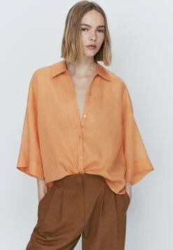 Massimo Dutti Short Sleeve - Button-Down Blouse - Orange