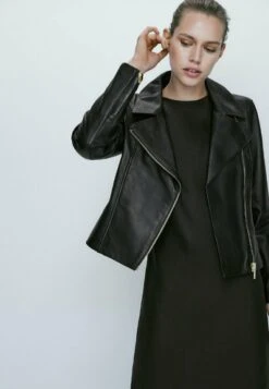 Massimo Dutti Leather Jacket - Black