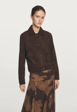 Massimo Dutti CROPPED - Leather Jacket - Dark Brown