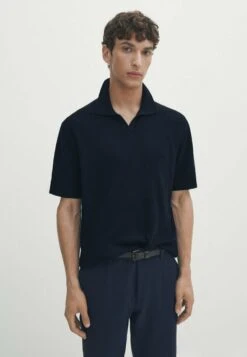 Massimo Dutti Vertical-Textured Micro - Polo Shirt - Dark Blue