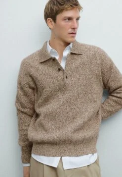 Massimo Dutti BUTTONED POLO COLLAR - Jumper - Sand