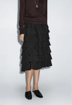 Massimo Dutti RUFFLED MIDI - A-line Skirt - Black