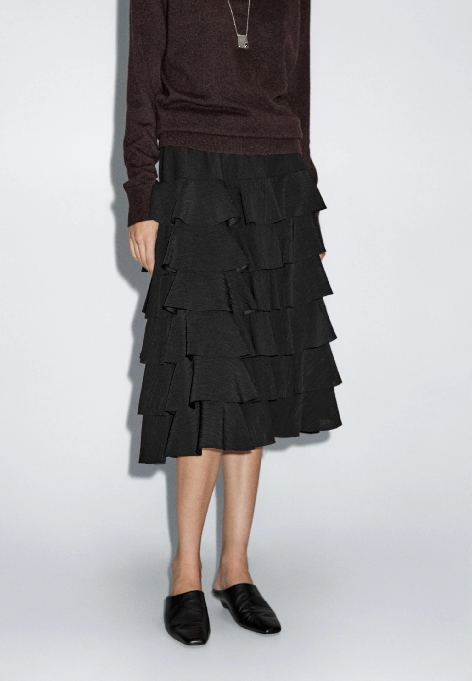Massimo Dutti RUFFLED MIDI - A-line Skirt - Black 3 Massimo Dutti RUFFLED MIDI - A-line Skirt - Black