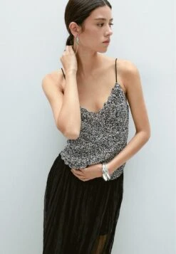 Massimo Dutti ASYMMETRIC MOULINÉ CROCHET - Top - Black