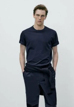 Massimo Dutti Textured Short Sleeve - Basic T-Shirt - Blue