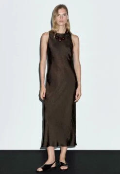 Massimo Dutti LONG HALTER NECK - Day Dress - Mottled Dark Brown