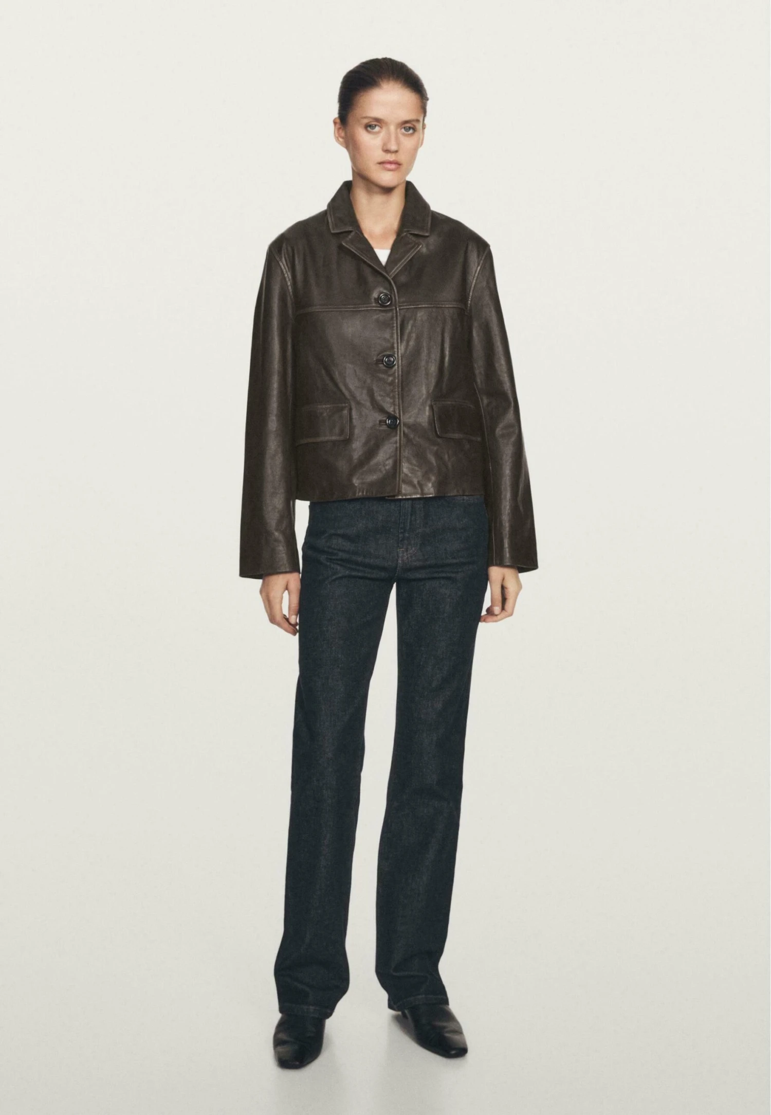 Massimo Dutti WITH LAPEL COLLAR - Leather Jacket - Mottled Dark Green 4 Massimo Dutti WITH LAPEL COLLAR - Leather Jacket - Mottled Dark Green - Image 2