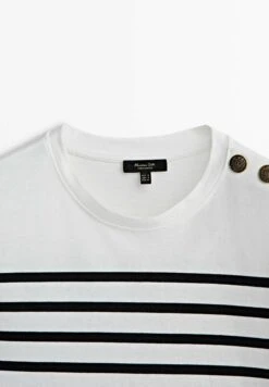 Massimo Dutti Striped With Shoulder Buttons - Print T-Shirt - White -Massimo Dutti Shop ba8882760235448cb45cafd468d6dd8b