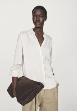 Massimo Dutti FLOWING SATIN LONG SLEEVE - Button-down Blouse - White Denim