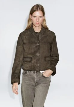 Massimo Dutti LINED BUTTONS - Leather Jacket - Mottled Dark Green