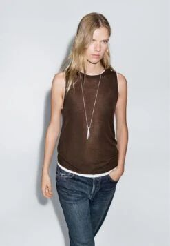 Massimo Dutti SLEEVELESS WITH DOUBLE TRIM - Basic T-shirt - Dark Brown