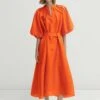Massimo Dutti With Puff Sleeves- Shirt Dress - Orange