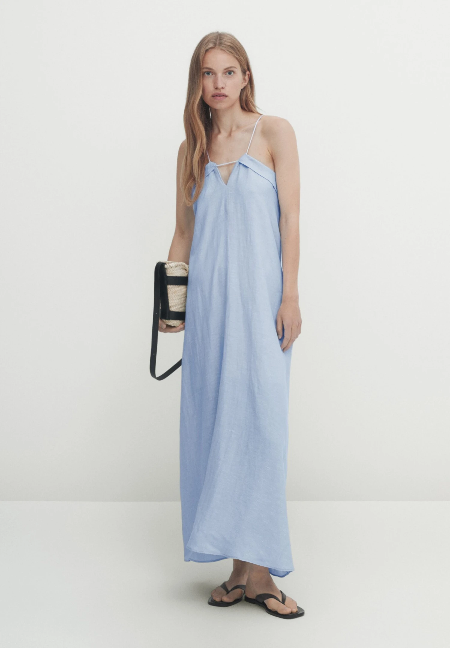 Massimo Dutti Long With Neckline And Cord Straps- Day Dress - Light Blue 3 Massimo Dutti Long With Neckline And Cord Straps- Day Dress - Light Blue