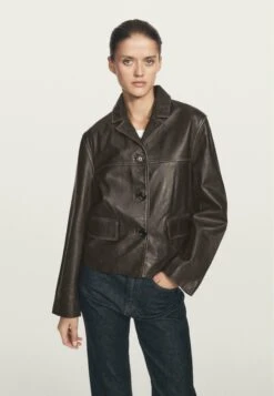 Massimo Dutti WITH LAPEL COLLAR - Leather Jacket - Mottled Dark Green