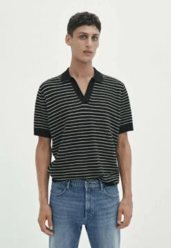 Massimo Dutti Striped Short Sleeve- Polo Shirt - Black