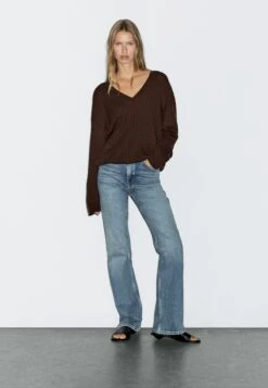 Massimo Dutti V-NECK WITH BRAIDED DETAIL - Jumper - Mottled Dark Brown