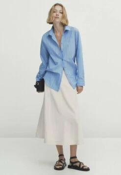 Massimo Dutti Flared With Topstitching Detail- A-Line Skirt - Beige