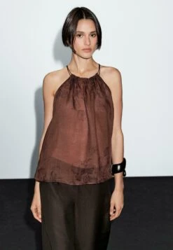 Massimo Dutti FLOWING FLORAL PRINT HALTER NECK - Top - Mottled Dark Brown