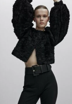 Massimo Dutti Studio Bouclé Textured- Light Jacket - Black