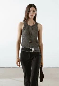 Massimo Dutti V-NECK - Top - Mottled Dark Green