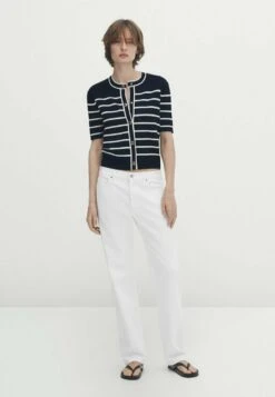 Massimo Dutti Striped Short Sleeve- Cardigan - Dark Blue