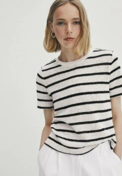 Massimo Dutti Textured Striped Blend - Print T-Shirt - Beige