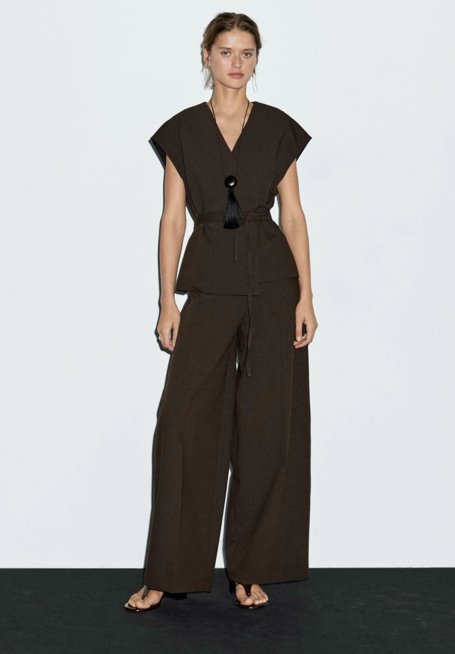 Massimo Dutti HIGH-WAIST WIDE-LEG - Trousers - Mottled Dark Brown 4 Massimo Dutti HIGH-WAIST WIDE-LEG - Trousers - Mottled Dark Brown - Image 2