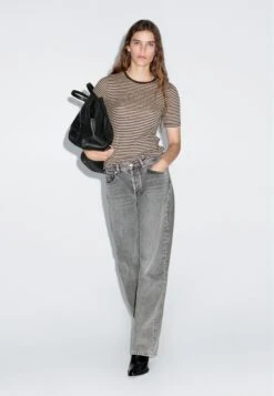 Massimo Dutti STRIPED CREW NECK WITH SHORT SLEEVE - Print T-shirt - Dark Brown