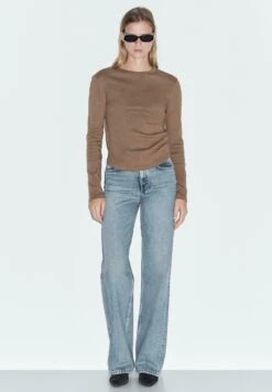 Massimo Dutti LONG SLEEVE WITH ROUNDED HEM - Long Sleeved Top - Light Brown