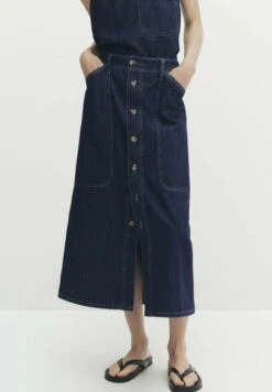 Massimo Dutti Carpenter Midi With Buttons - A-Line Skirt - Dark Blue