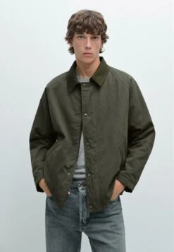 Massimo Dutti CONTRAST COLLAR WITH BUTTONS - Light Jacket - Mottled Dark Green